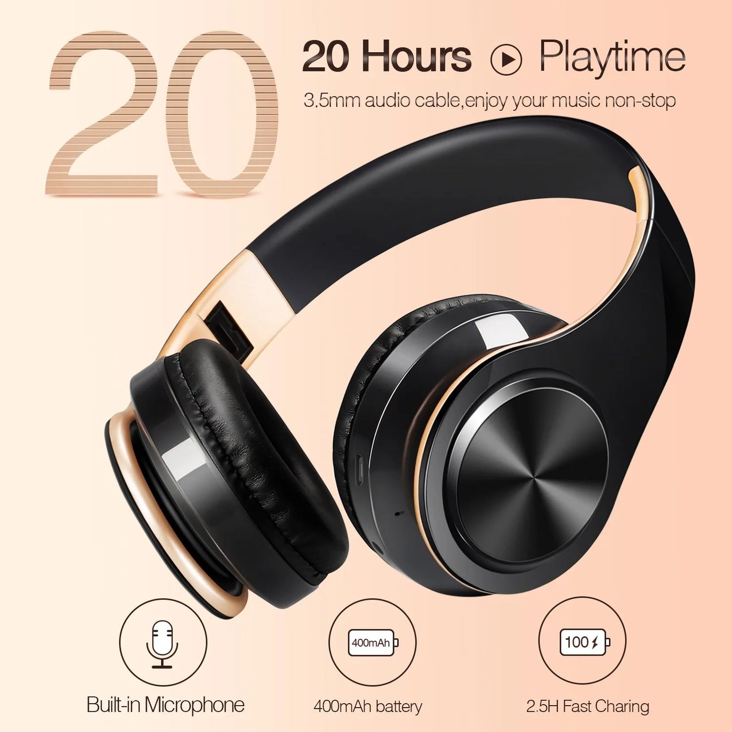 Stylish Gold Wireless Bluetooth Headphones with Built-In MIC - Perfect Gift for Men, Compatible with Android and iOS Devices