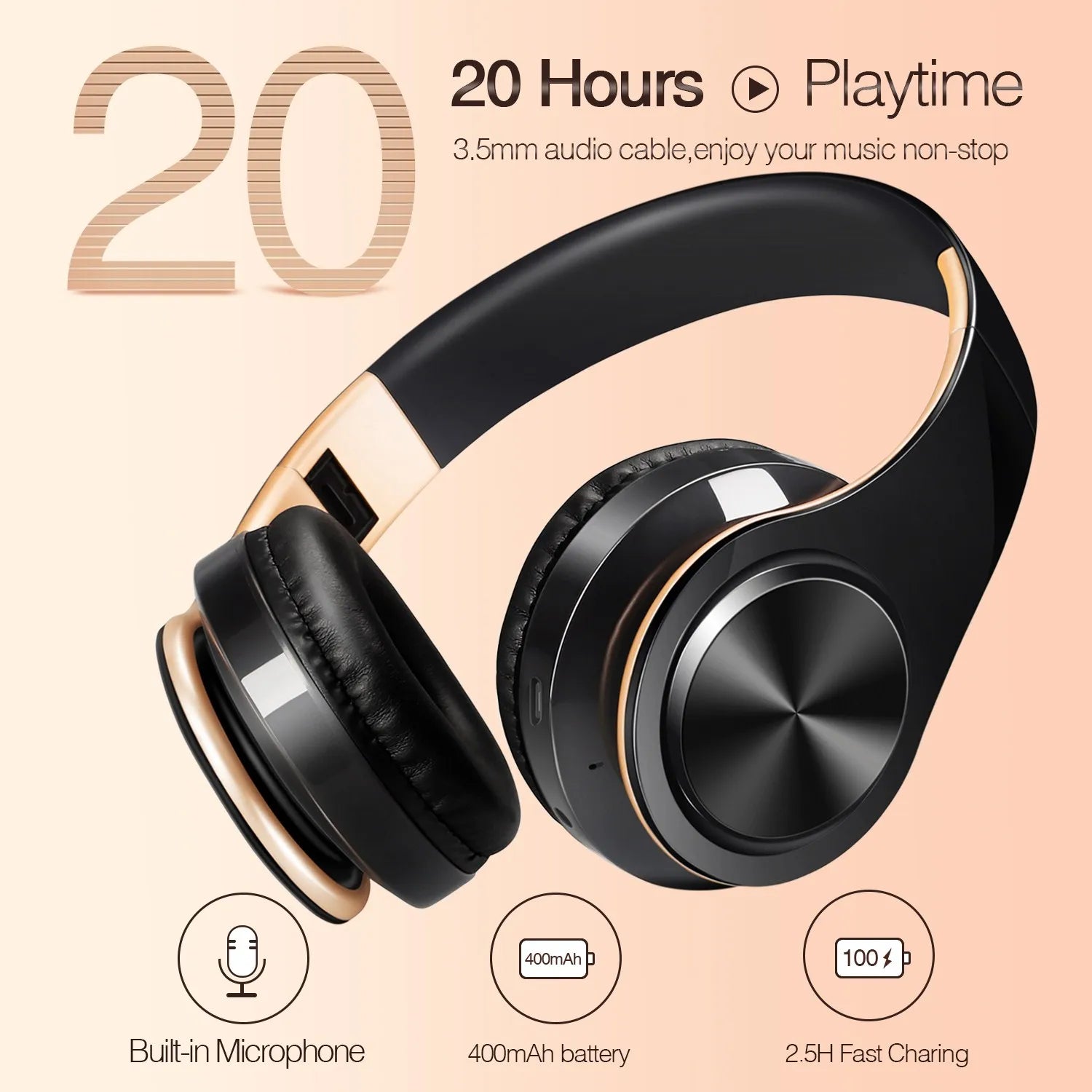 Stylish Gold Wireless Bluetooth Headphones with Built-In MIC - Perfect Gift for Men, Compatible with Android and iOS Devices